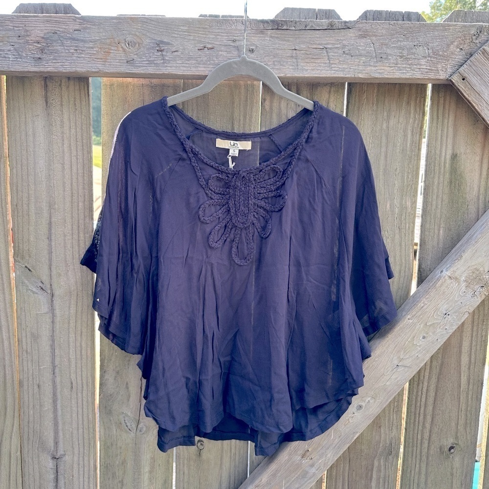 Ya Los Angeles Boho Embroidered Butterfly Cut Cape Style Navy Blouse NWT